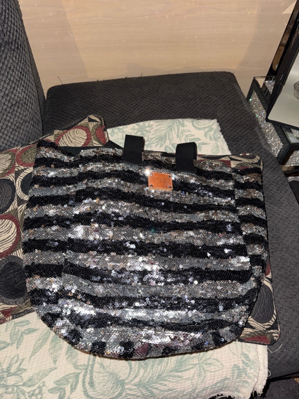 Pink Sequin Striped Tote Bag in Black & Silver - Fashionable Women's Carryall
